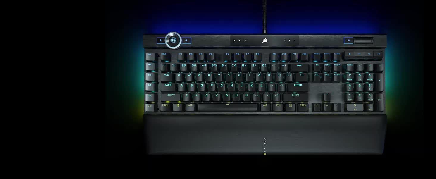with CORSAIR Double-Shot CHERRY SPEED, RGB Black Backlit Gaming Keycaps, LED Rest K100 PBT Mechanical MX RGB Magnetic Palm - Keyboard, Foam Memory Detachable