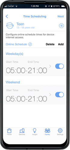 Smart phone showing ASUS router app user interface for time scheduling.