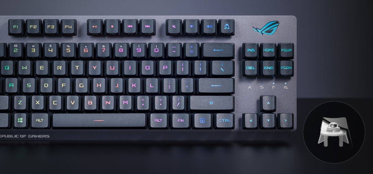 A close up photo of the right side of the ROG Strix Scope RX TKL Wireless Deluxe, showing the textures of the PBT Keycaps