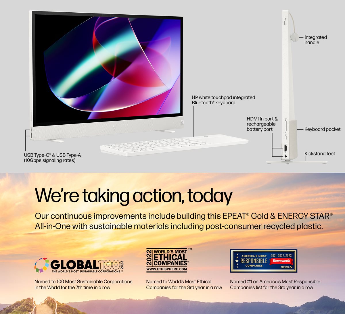 HP Envy Move 23.8" All-in-One PC showcasing side ports and keyboard. We're taking action, today.