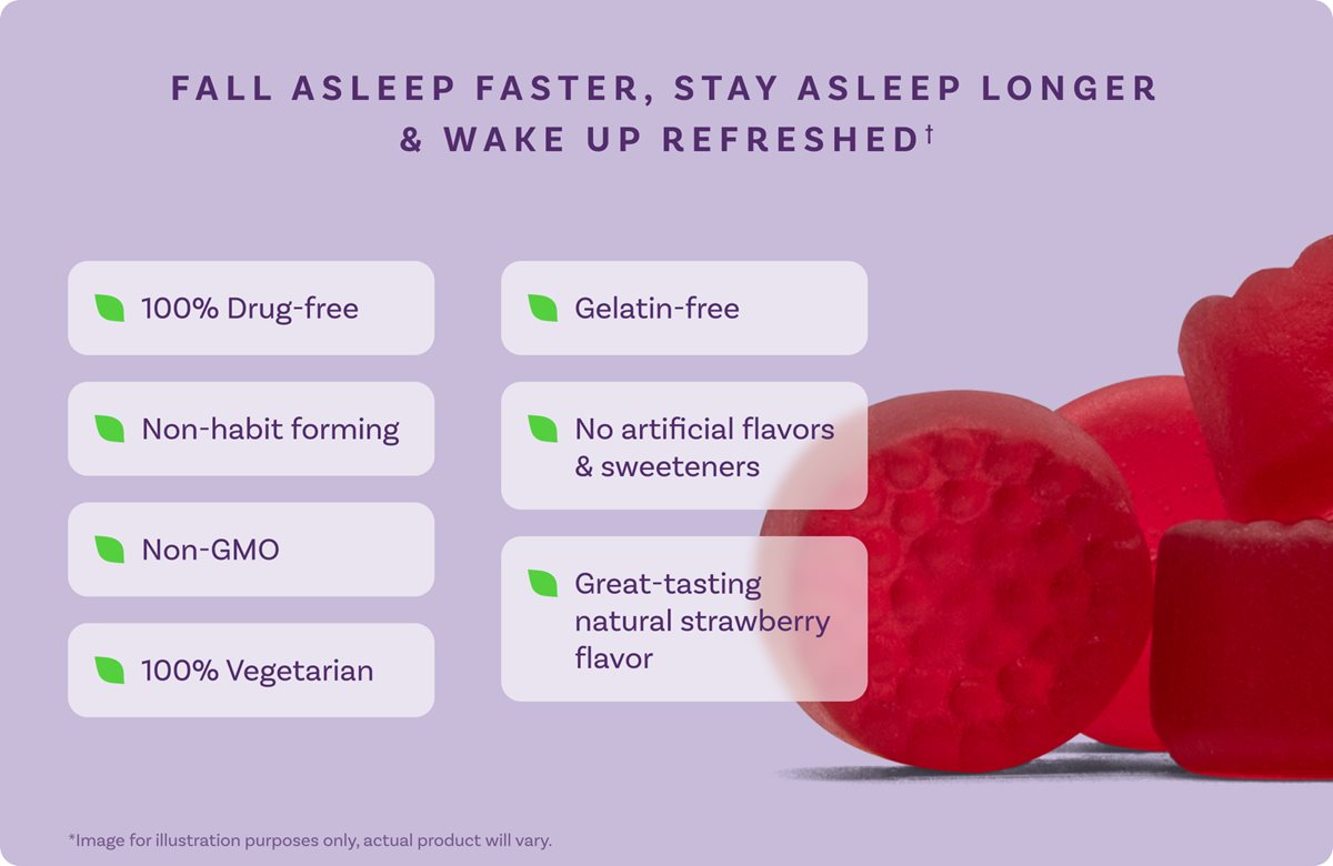 FALL ASLEEP FASTER, STAY ASLEEP LONGER & WAKE UP REFRESHED 100% Drug-free Gelatin-free • Non-habit forming • No artificial flavors and sweeteners Non-GMO 100% Vegetarian Great-tasting natural strawberry flavor