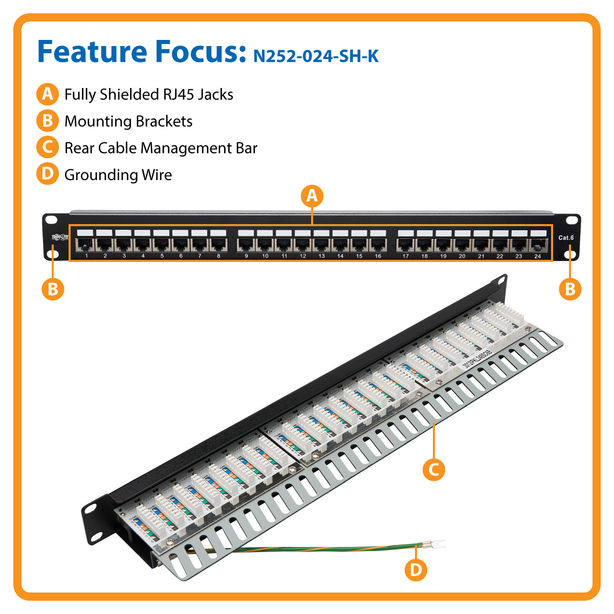 24 Port Cat 6 Rack Mount Patch Panel - 1U, TAA Compliant, RoHS Compliant