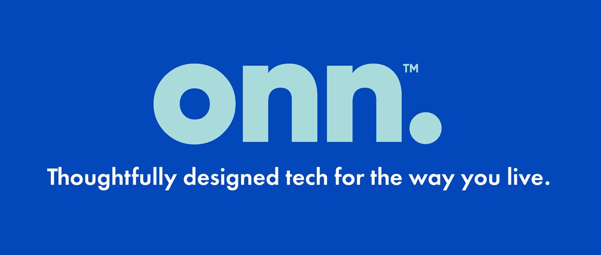 Blue background with text that reads onn. thoughtfully designed tech for the way you live.