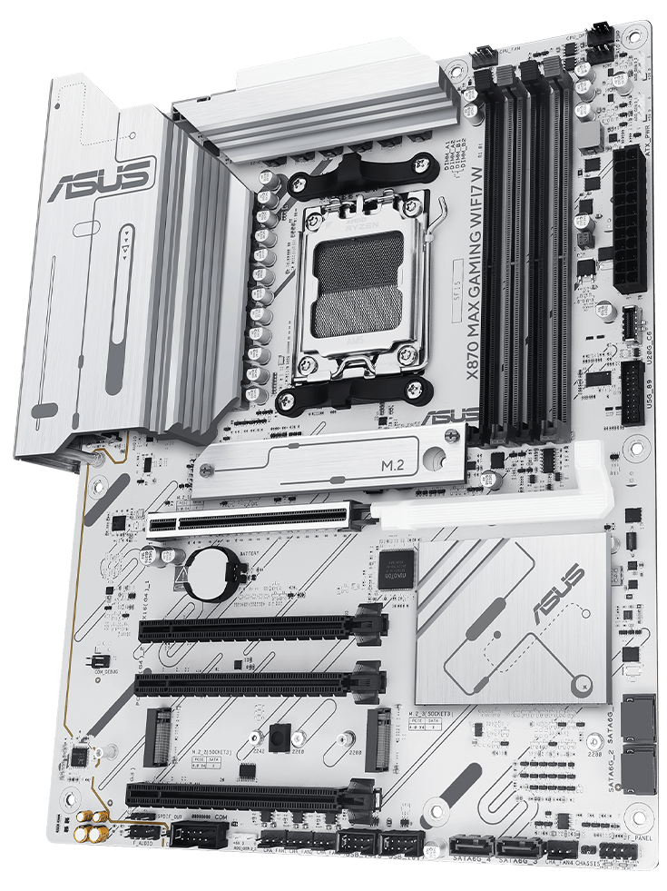 X870 MAX GAMING WIFI7 W Motherboard Frontansicht, schwebend im Raum.