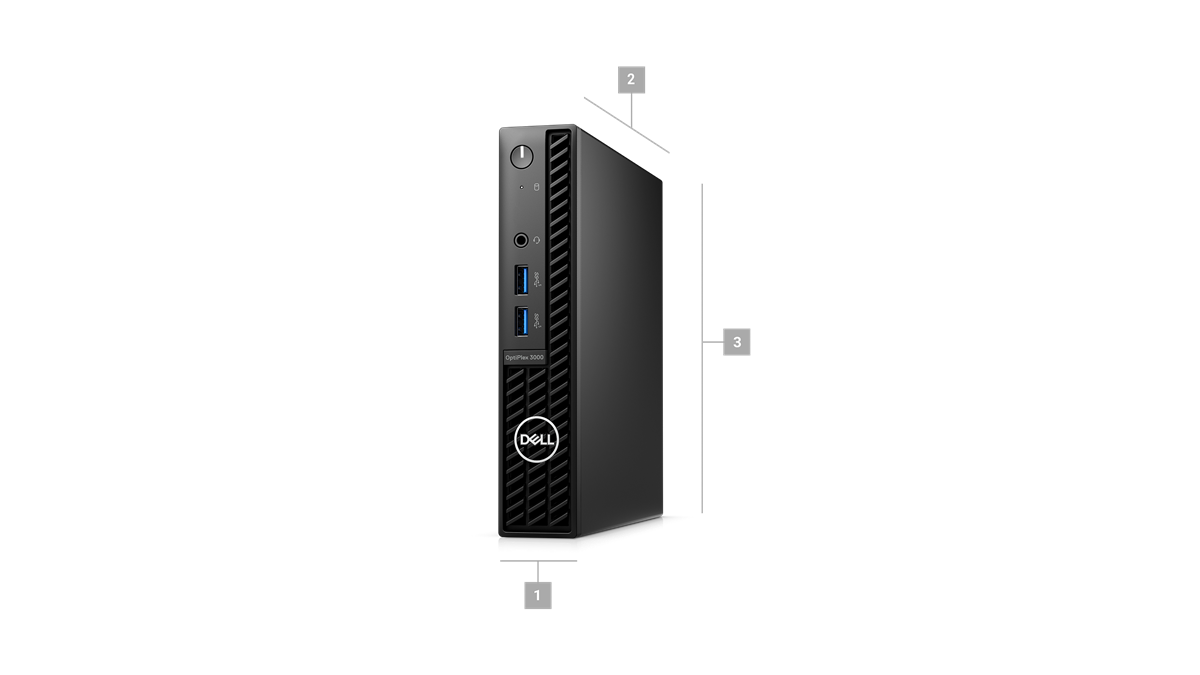 Picture of a Dell OptiPlex 3000 Micro Desktop with numbers from 1 to 3 signaling product dimensions & weight.