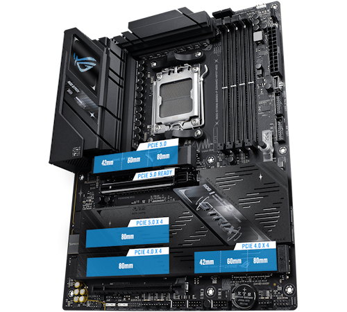 Das ROG STRIX B850-F GAMING WIFI7 Ne PCIe 5.0 M.2 und Erweiterungssteckplatz-Layout