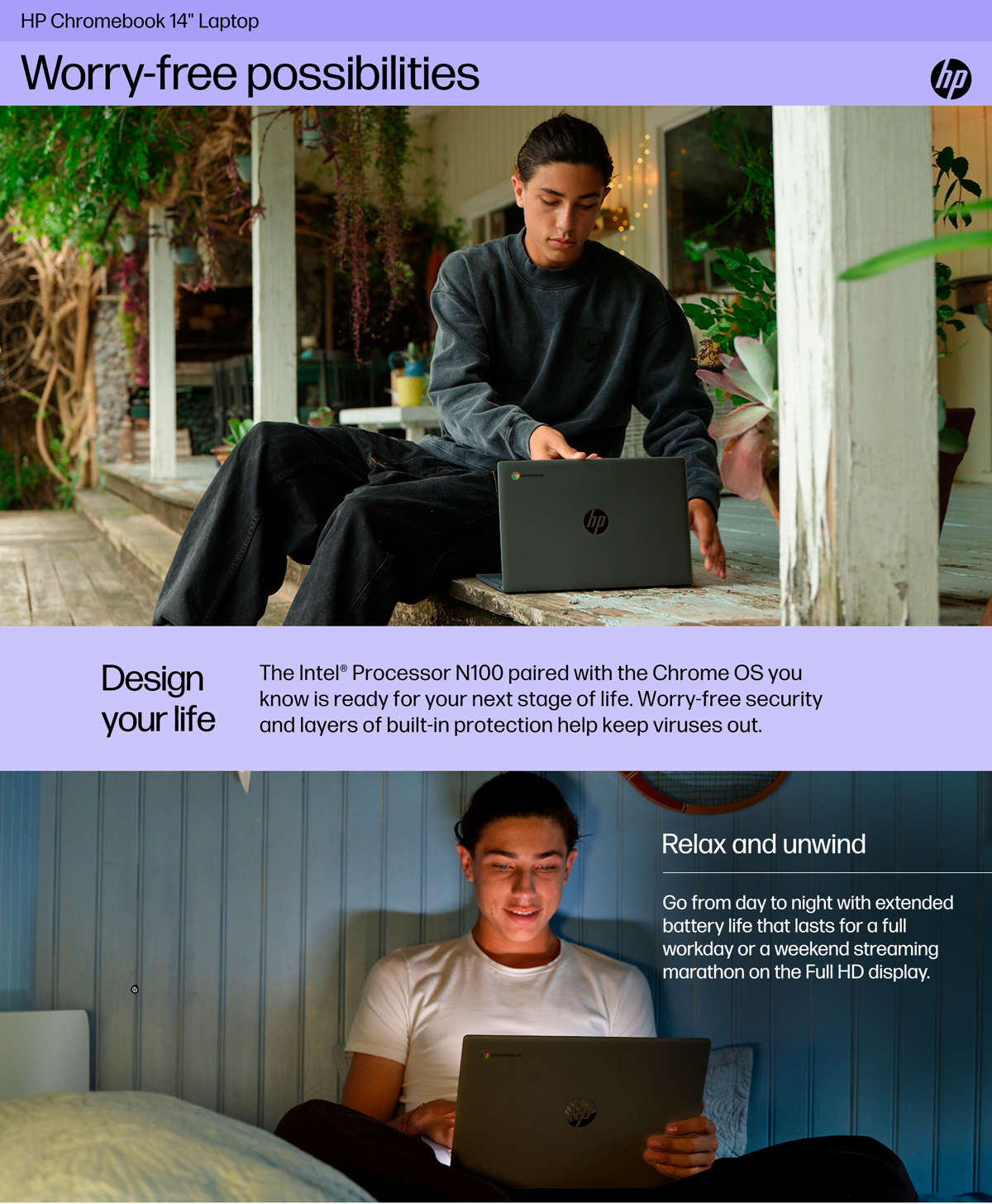 Young man looks at his HP Chromebook 14" Laptop on his patio and in his bedroom.
