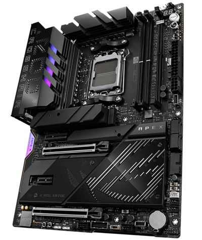 The ROG Crosshair X870E Apex left sided angle