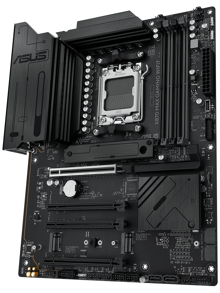 X870 MAX GAMING WIFI7 Motherboard Frontansicht, schwebend im Raum.