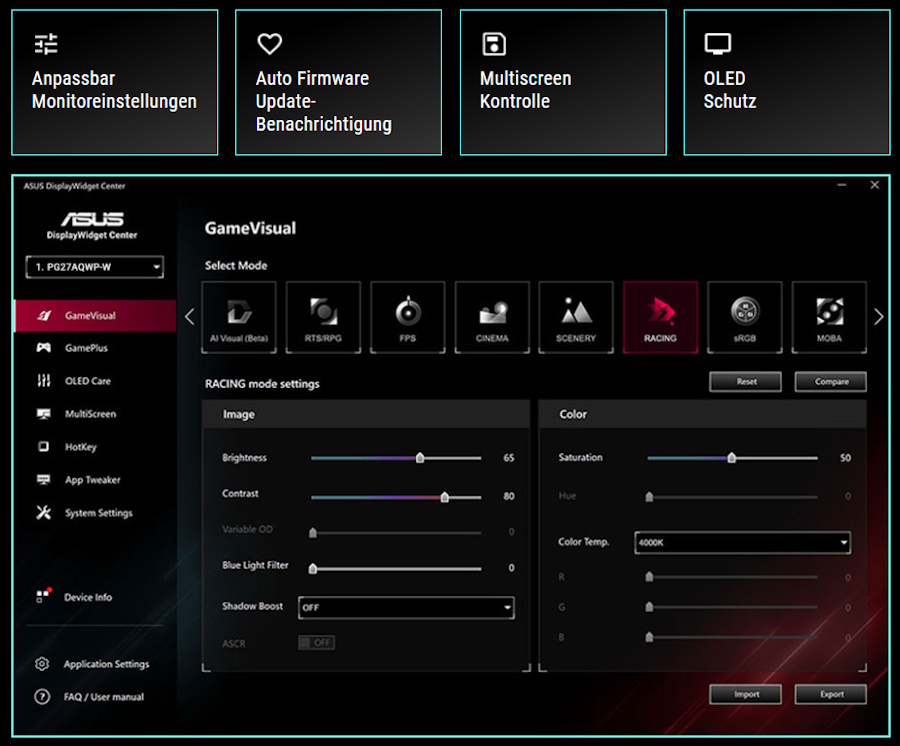 Screenshot der neuen ASUS DisplayWidget Center UI mit Systemeinstellungen, OLED-Funktionen und mehr.