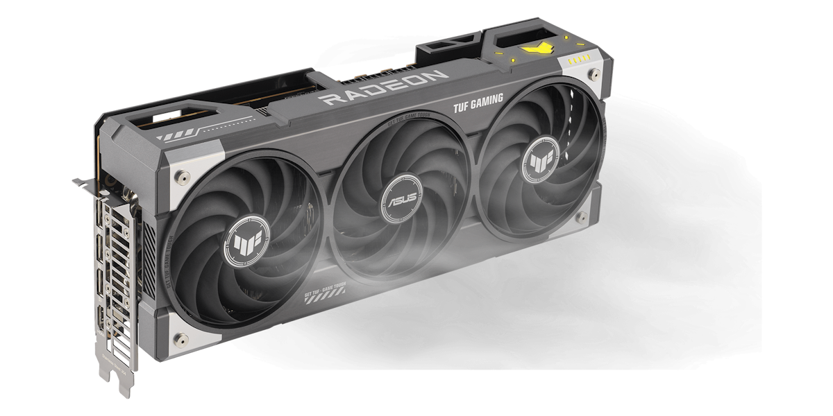 Angled front view of TUF Gaming Radeon RX 9070 XT showing triple fans and ARGB lighting