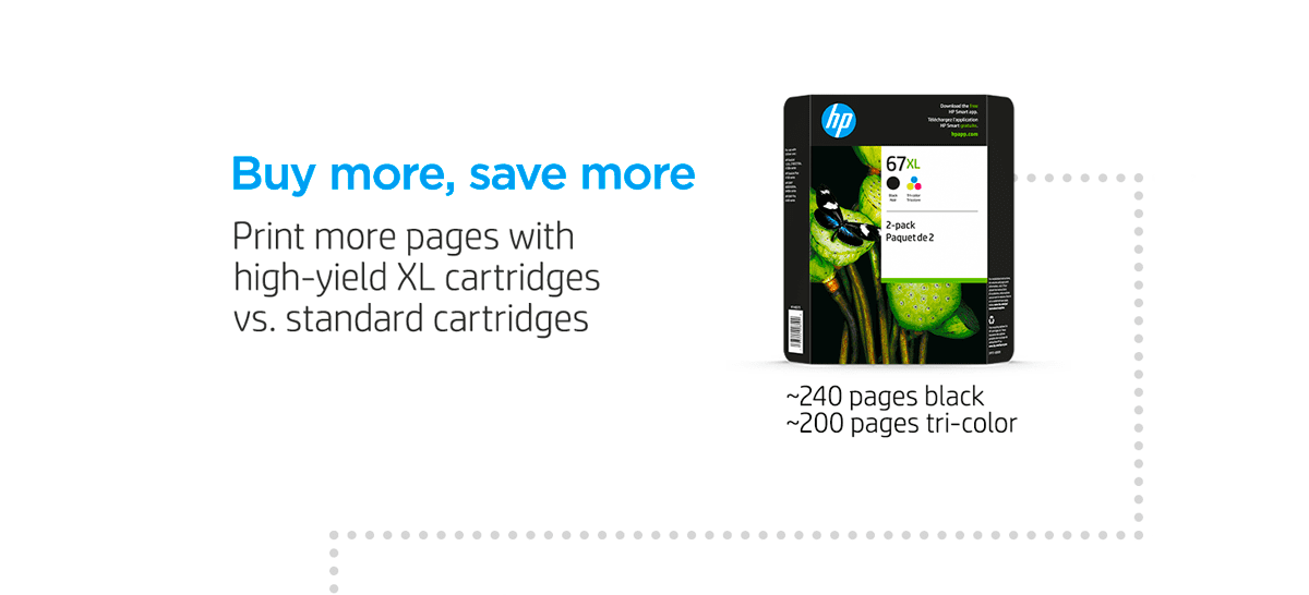 Buy more, save more when you print more pages with high-yield XL cartridges vs. standard cartridges: The 67XL Black/Tri-Color 2-pack (1 XL Black, 1 XL Tri-Color) and the 67XL Black 2-pack (2 XL Black) get ~240 pages per Black & ~200 pages Tri-Color.