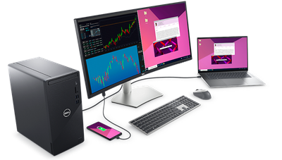 Bild eines Dell S3423DWC-Monitors, der an einen Dell Laptop, einen Desktop-PC, eine Tastatur und eine Maus angeschlossen ist und ein Mobiltelefon auflädt