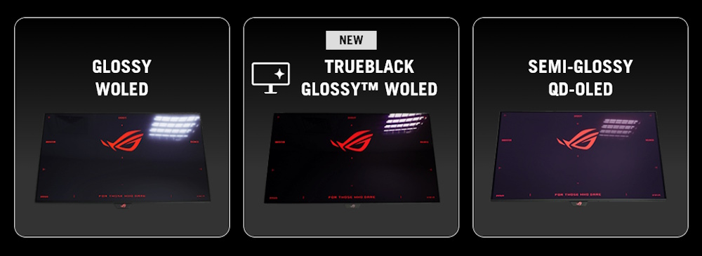 Three different monitors showing the same onscreen content, but with varying levels of black intensity. The left monitor features a matte surface, the middle monitor shows a blacker hue, while the monitor on the right shows a purplish tone.