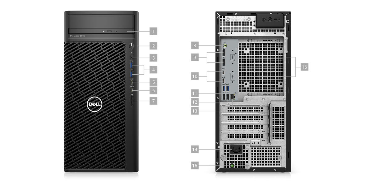 Ilustracja przedstawiająca dwie stacje robocze Dell Precision 3660 w obudowie typu tower z liczbami od 1 do 16 oznaczającymi porty i gniazda urządzeń.