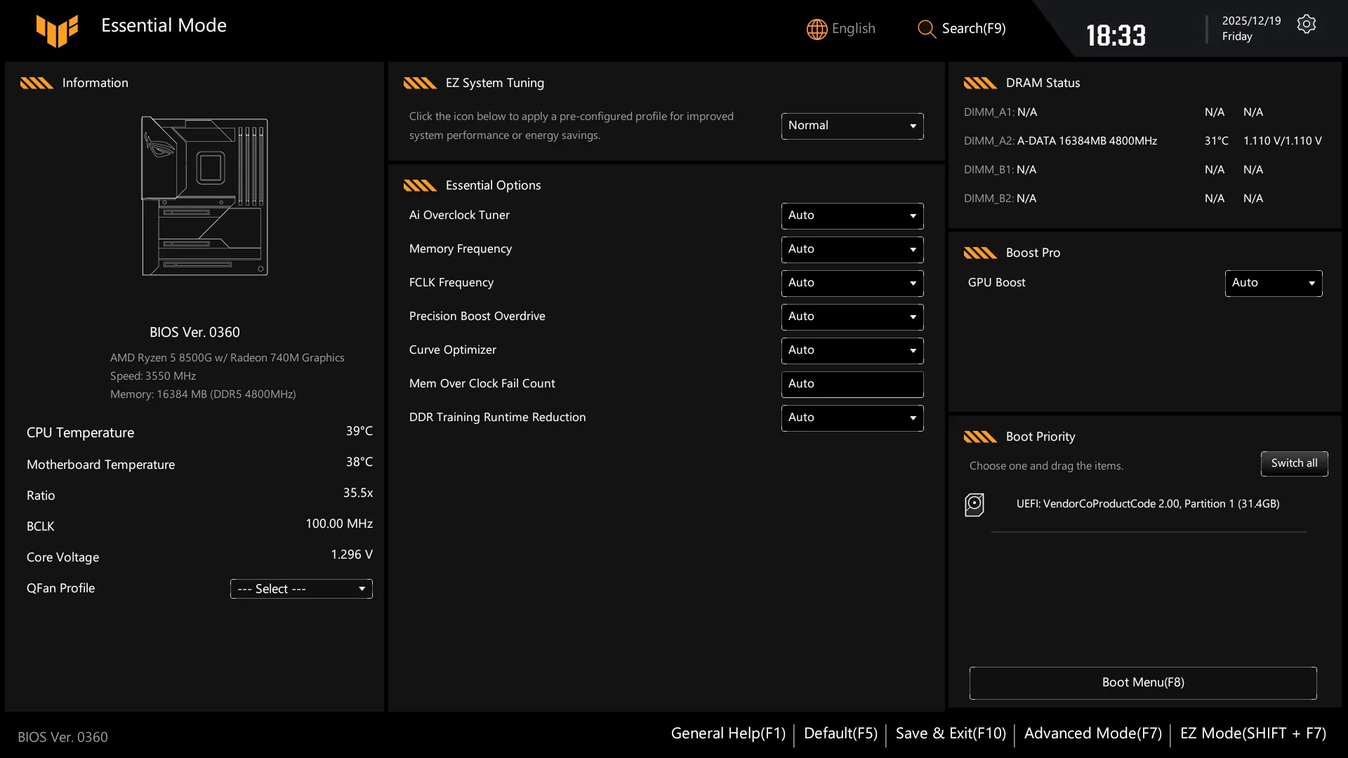 Die Benutzeroberfläche des ASUS UEFI BIOS Essential Mode, die das Benutzer-Dashboard zeigt.