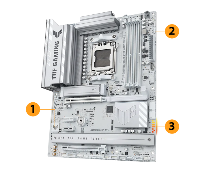 TUF Gaming Mainboard Frontansicht, 60 Grad, mit Aura-Beleuchtung