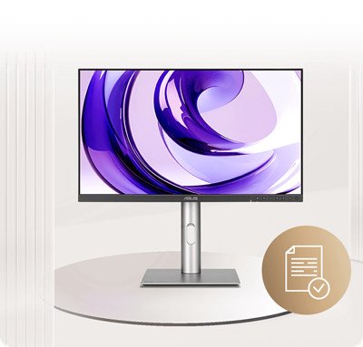 A sleek ProArt monitor with a purple abstract design shown onscreen. A circular icon shows a document with a checkmark, symbolizing reliability.