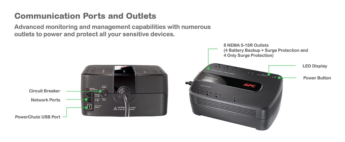 A powerful Back-UPS featuring multiple ports, and battery power and surge outlets