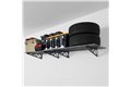 slide 2 of 10, zoom in, saferacks wall mounted garage shelving filled with storage bins, large tools, a cooler, and 2 tires.