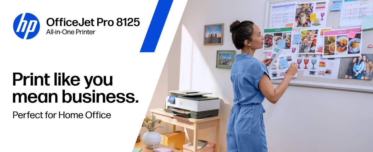 An advertisement banner for the HP OfficeJet 8125 All-in-One Printer features a woman working at a home office bulletin board.