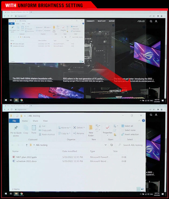 Comparison images showing a white window being enlarged in the first image, with the second image showing no change in display brightness