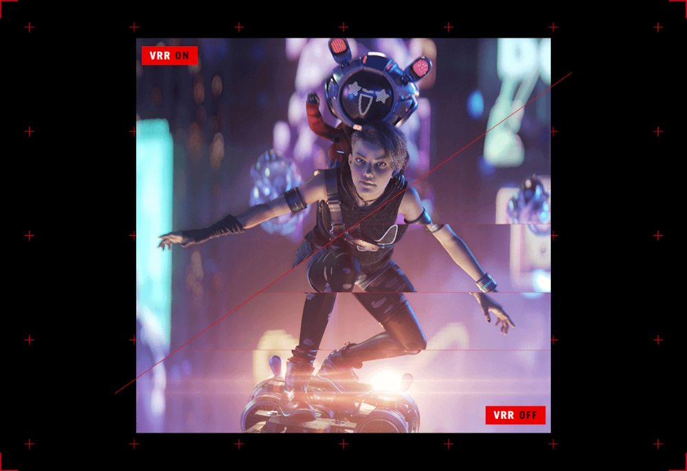 Image of two characters riding a flying hoverboard, with one character’s body showing some screen tearing when VRR technology is off.