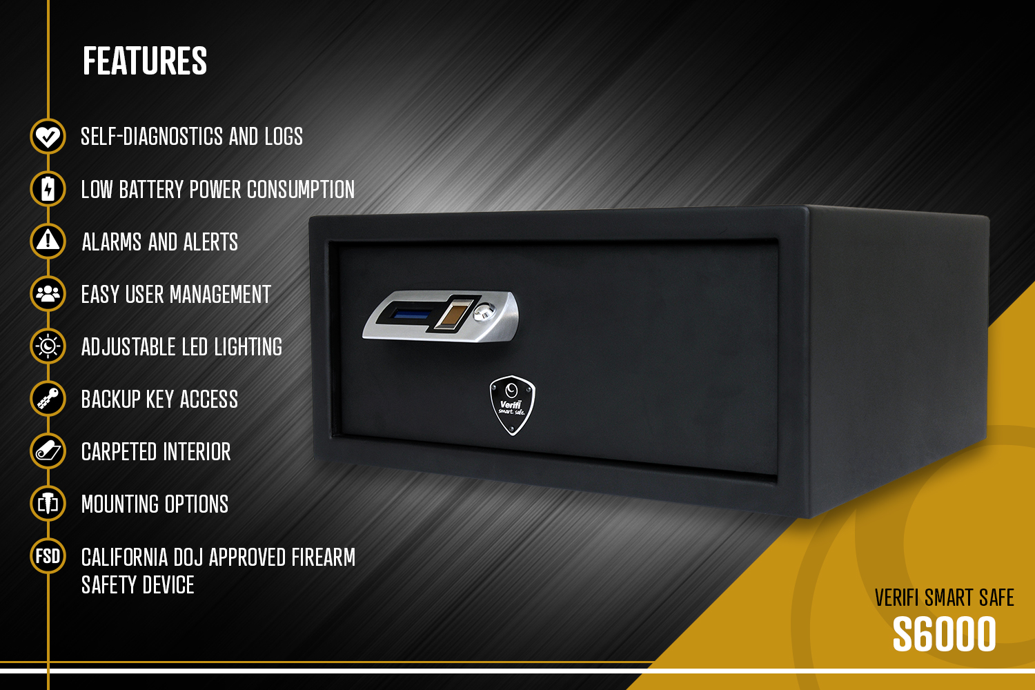 slide 3 of 8, show larger image, left side angle view of the verifi smart safe s6000 with a list of features.