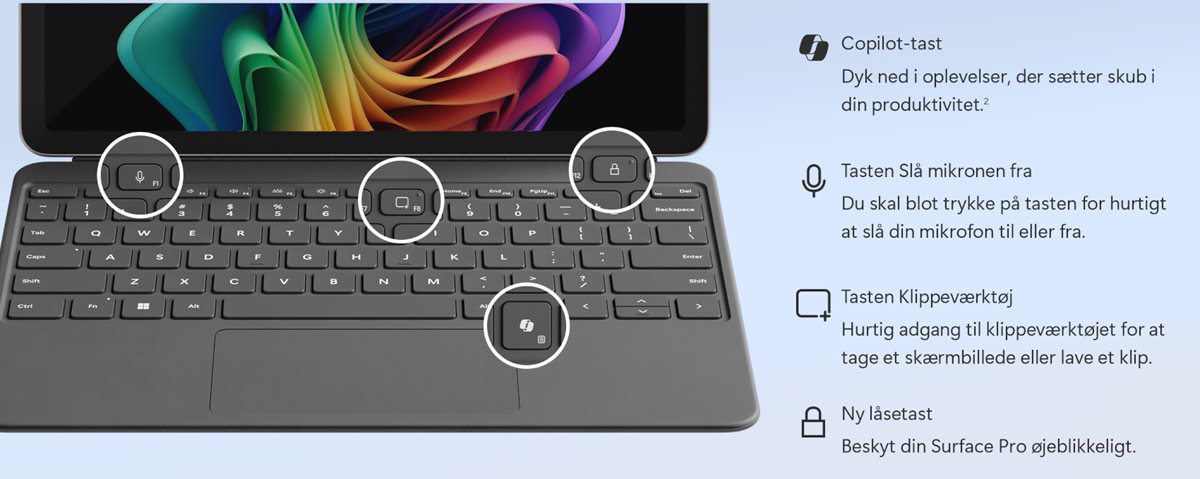 Copilot-tast Dyk ned i AI-oplevelser ved at trykke på Copilot-tasten eller sikre Surface Pro hurtigt med den nye låsetast. Tasten Slå mikronen fra Du skal blot trykke på tasten for hurtigt at slå din mikrofon til eller fra. Tasten Klippeværktøj Hurtig adgang til klippeværktøjet for at tage et skærmbillede eller lave et klip. Ny låsetast Beskyt din Surface Pro øjeblikkeli