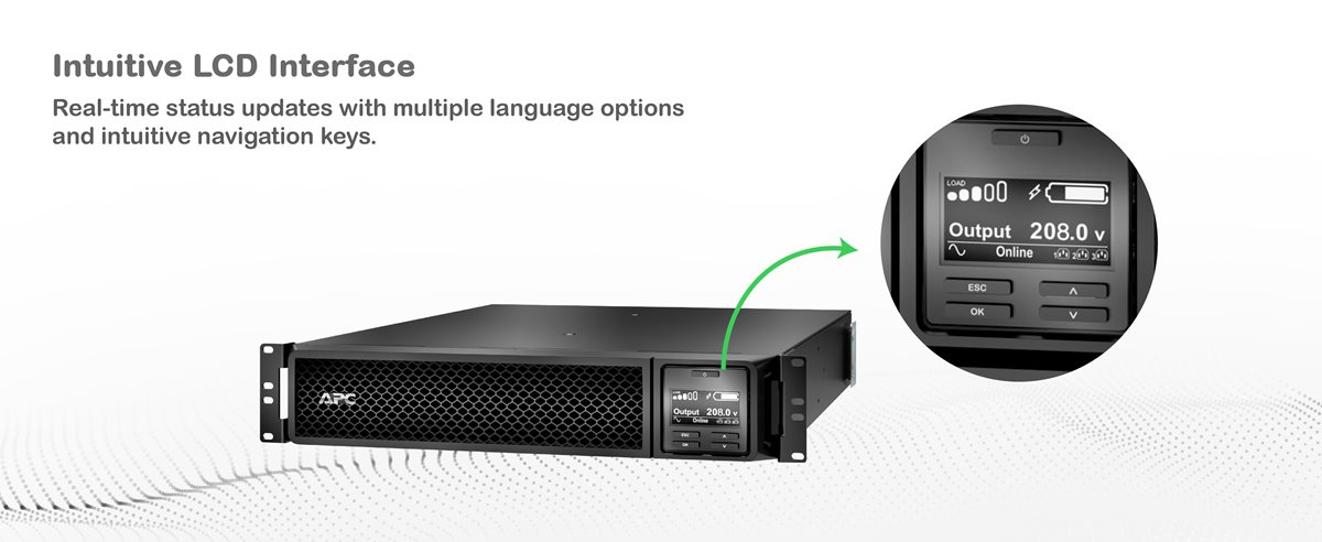 APC Smart-UPS On-Line SRT3000RMXLT-NC with LCD screen zoomed in