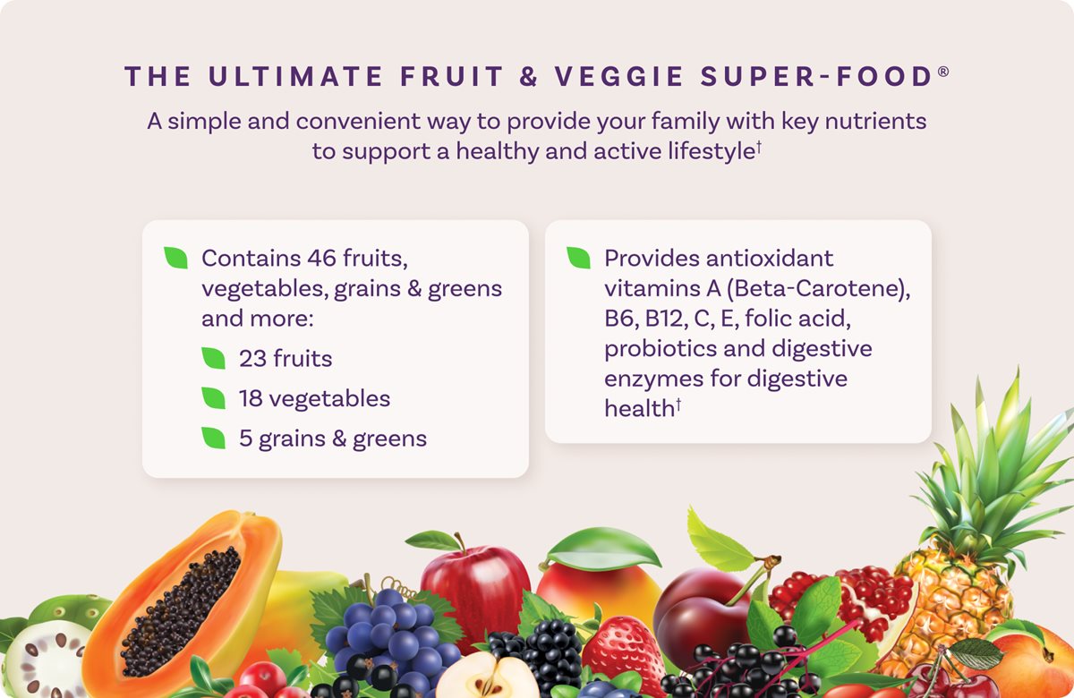 THE ULTIMATE FRUIT & VEGGIE SUPER-FOOD A simple and convenient way to provide your family with key nutrients to support a healthy and active lifestyle Contains 46 fruits, vegetables, grains & greens and more: 23 fruits * 18 vegetables * 5 grains & greens Provides antioxidant vitamins A (Beta-Carotene), B6, B12, C, E, folic acid, probiotics and digestive enzymes for digestive health