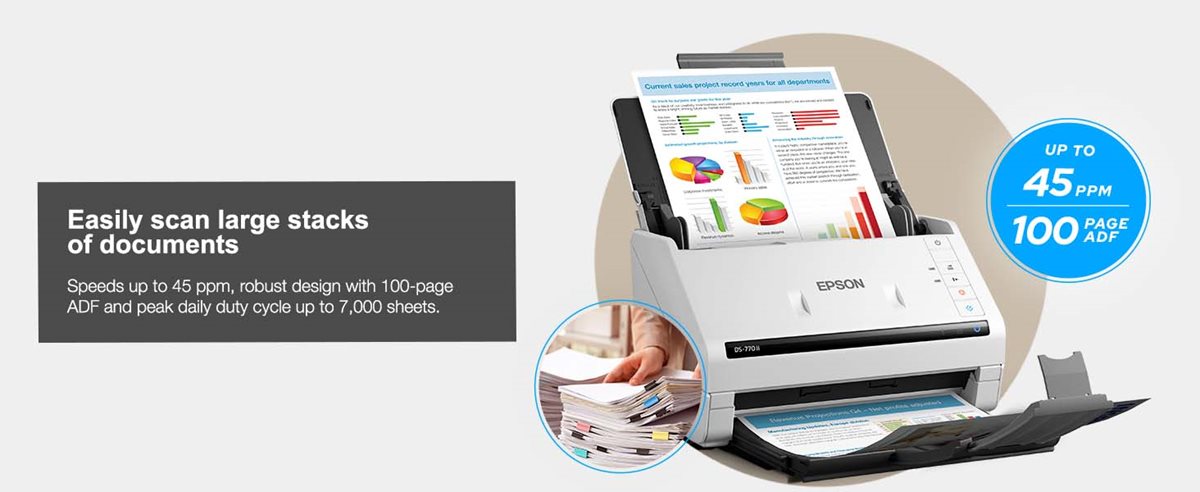 Easily scan large stacks of documents. Speeds up to 45 ppm, robust design with 100-page ADF and peak daily duty cycle up to 7,000 sheets.