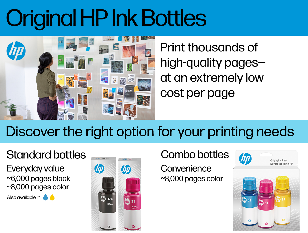 Promotional image for Original HP Ink Bottles. The image is divided into three sections. The top section features a person standing next to a wall covered with various printed photographs and the text 'Original HP Ink Bottles' and 'Print thousands of high-quality pages at an extremely low cost per page.' The middle section has a blue background with the text 'Discover the right option for your printing needs.' The bottom section is split into two parts: the left part shows 'Standard bottles' with a description 'Everyday value ~6,000 pages black, ~8,000 pages color' and images of black and magenta ink bottles. The text also mentions 'Also available in yellow and cyan.' The right part shows 'Combo bottles' with a description 'Convenience ~8,000 pages color' and images of a pack containing cyan, magenta, and yellow ink bottles.