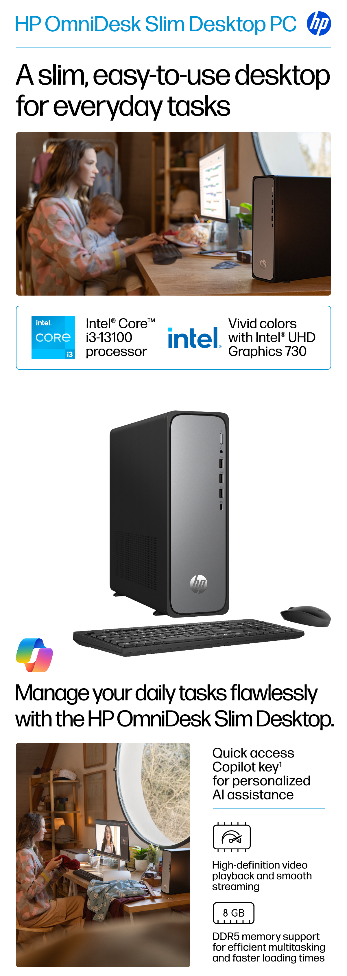 HP OmniDesk Slim Desktop Intel Core i3 13100 2023 8GB DDR5 Memory