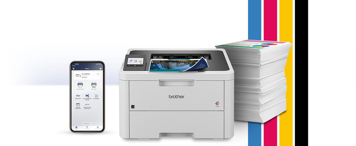 HLL3280CDW digital color printer on white background with mobile phone open to Brother Mobile Connect app home screen and large stack of printed reports