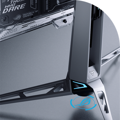 A close-up of the base of a ROG OLED monitor, showcasing its futuristic design with a silver and gray color scheme, angular structure, and blue LED accents