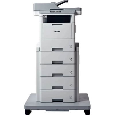 Printer shown with optional accessory tower tray, sold separately