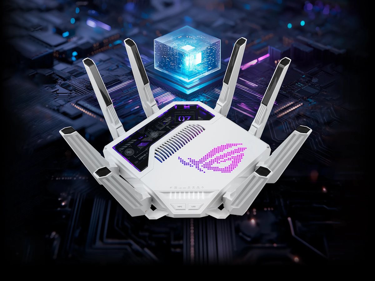 ASUS ROG Rapture GT-BE19000AI gaming router front view with Aura RGB logo, eight antennas, and floating AI processor cube above a circuit board background