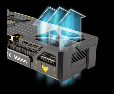 Graphic depicting how airflow passes through the vented exoskeleton of the TUF Gaming RTX 5090