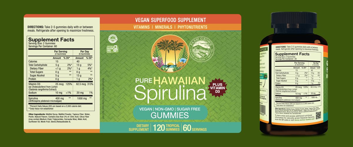 Hawaiian Spirulina Superfood Gummies + Vitamin D3 200 mg, 120 Count gummies showing product label and supplement facts