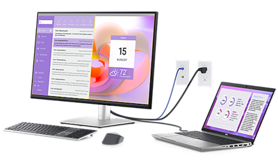 Picture of a Dell P3223QE Monitor connected to a Dell laptop, keyboard, and mouse.