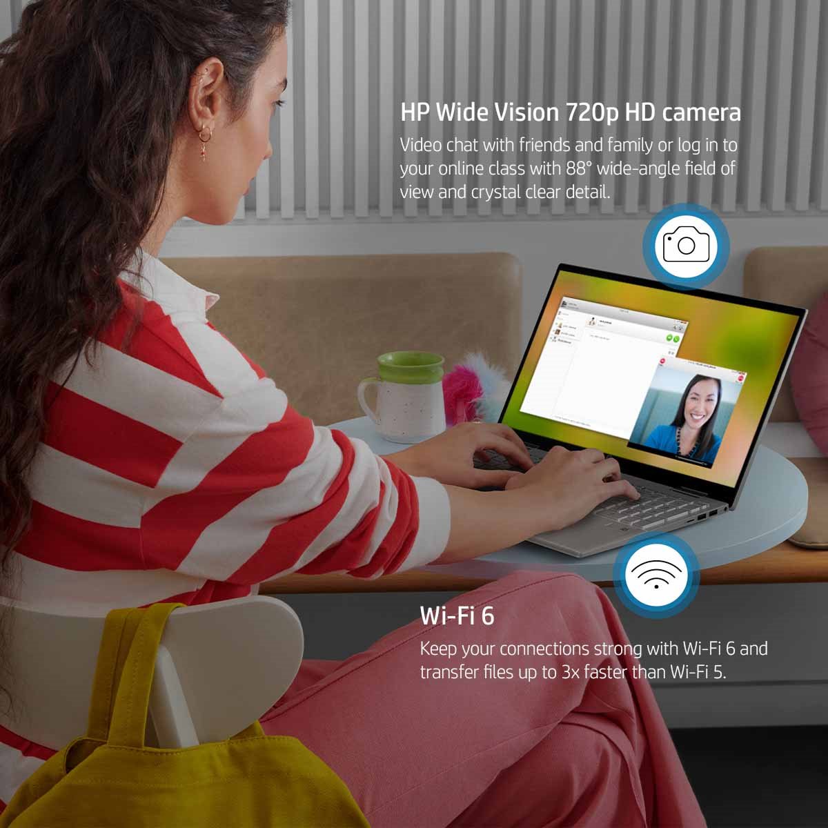 Woman video chats on silver HP Pavilion Convertible Laptop.