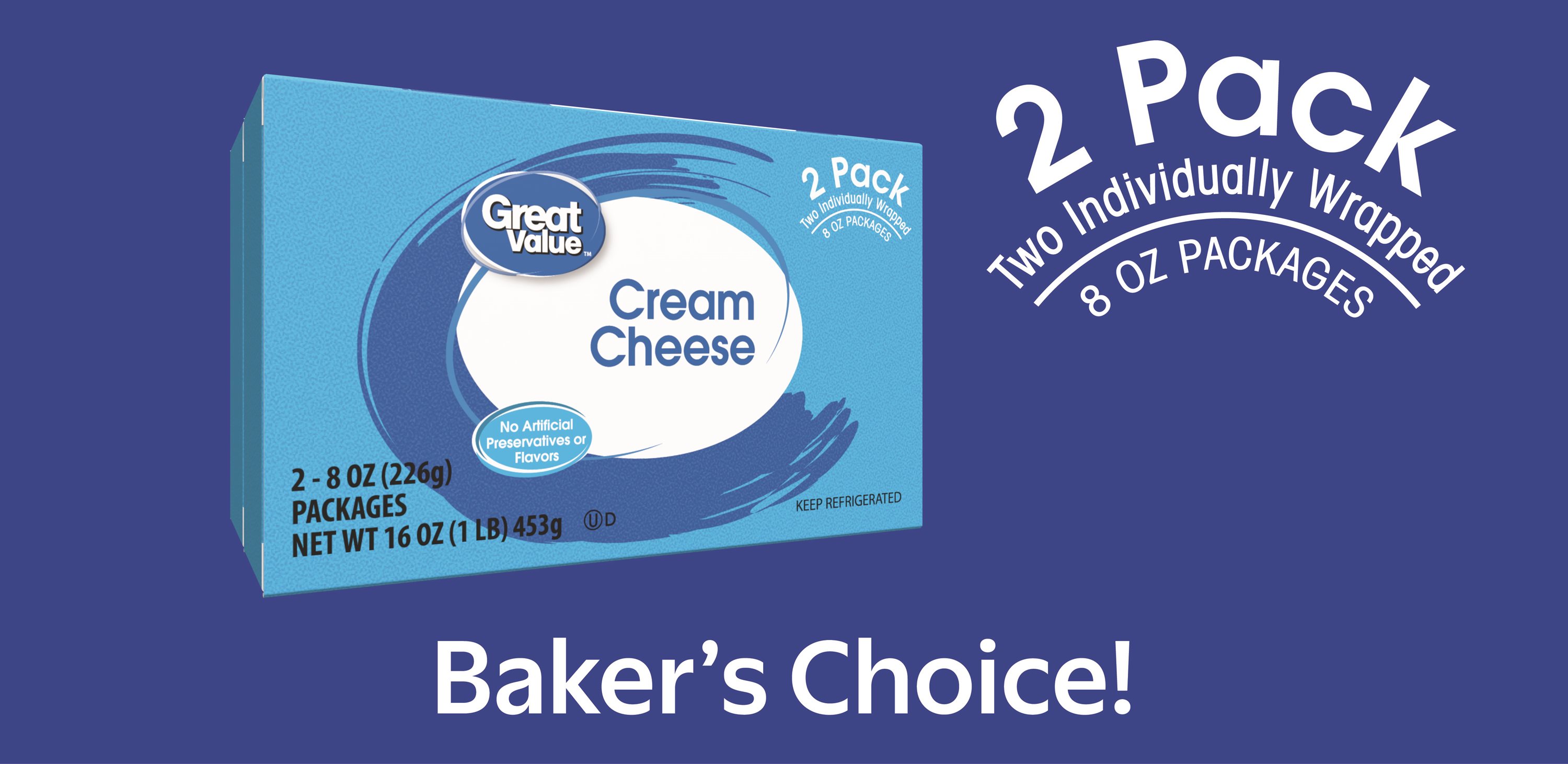 Great Value Cream Cheese 8 oz Brick, 2 Pack, Spreadable