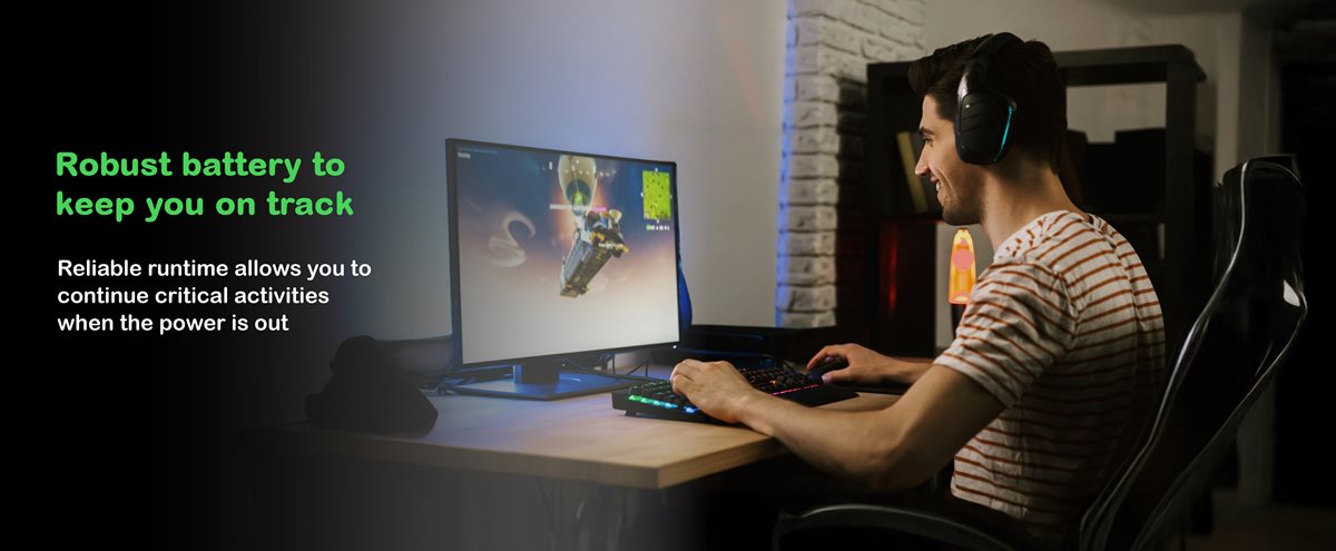The back-UPS provides a reliable runtime, allowing users to continue critical activities like gaming even when the main power is out.