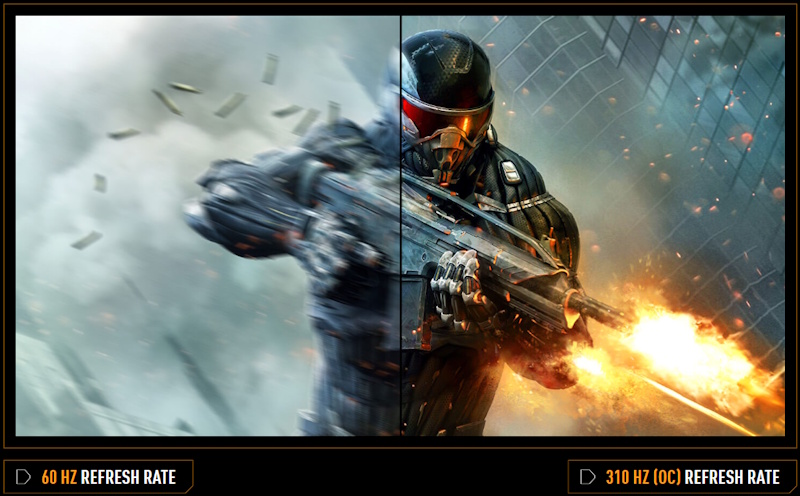 In-game soldier shooting with 60Hz display lagging on left side versus VG259QMR5A monitor's 3100Hz(OC) smooth crisp display on right.