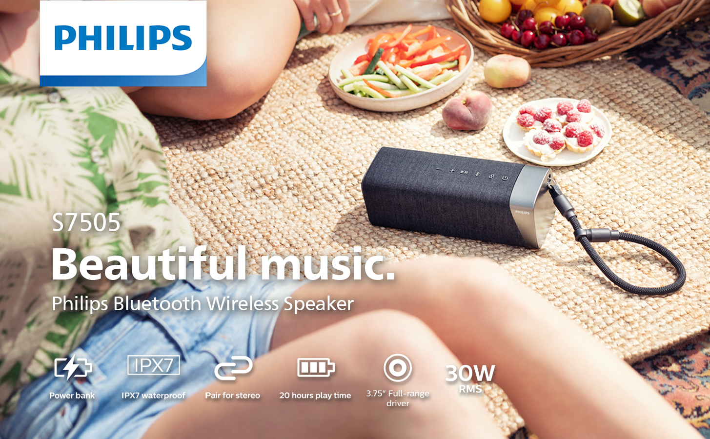 Philips S7505 Wireless Bluetooth Speaker Built-in with Size, Gray, TAS7505 Power-Bank, Large