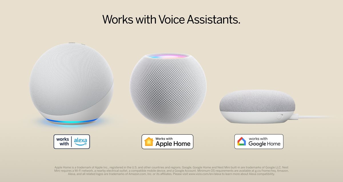 Works with Voice Assistants. Works with Alexa. Works with Apple Home. Works with Google Home.