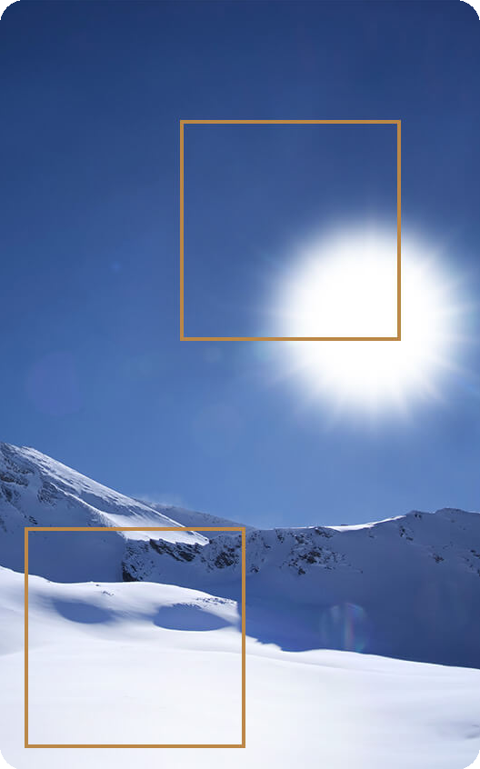 Mit der Einstellung PQ Hard Clip erscheinen die Sonne und der Schnee auf dem Bild heller