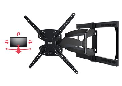 Product image next to an icon demonstrating the TV screen adjustability options - extend out, push back, turn left and right, tilt up and down.