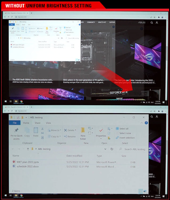 Comparison images showing a white window being enlarged in the first image, with the second image showing a dimmer display.